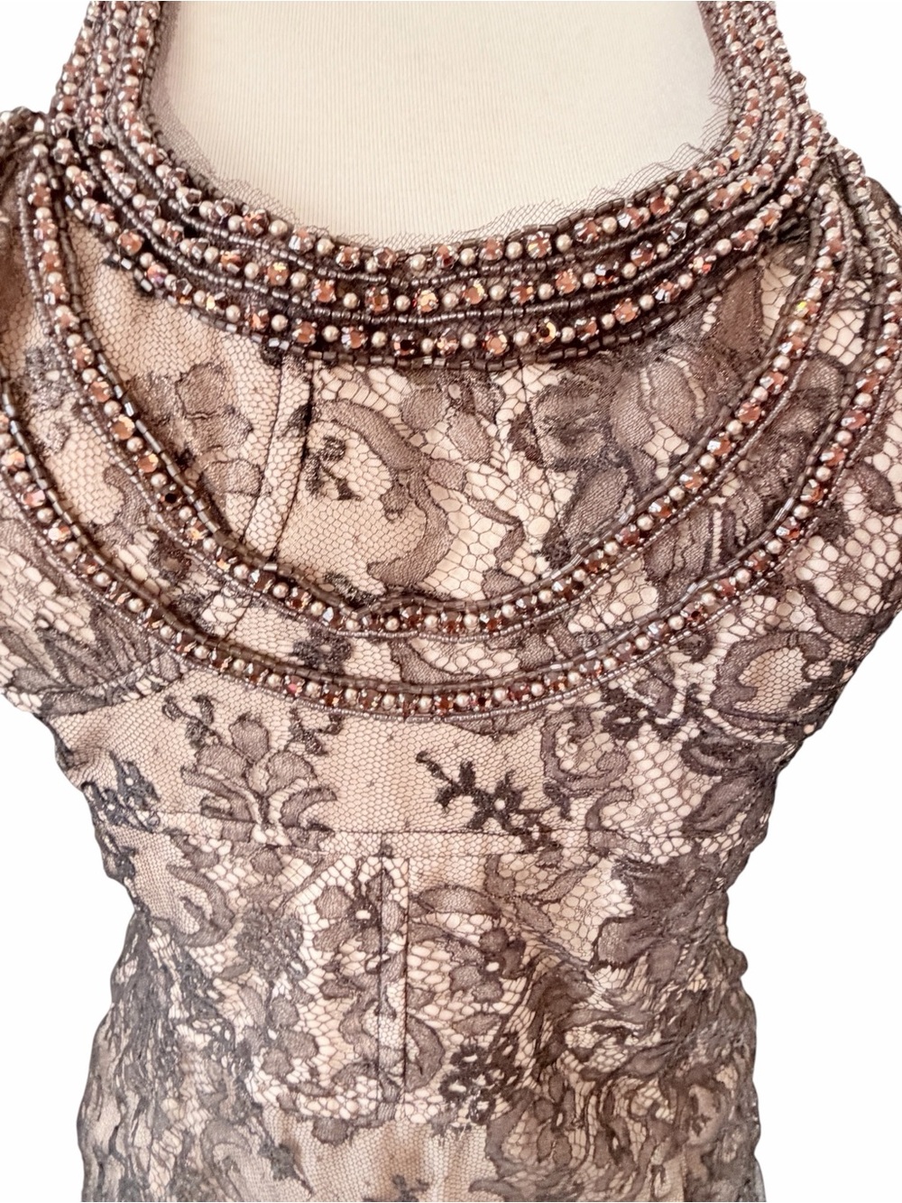 Lela Rose Blush and Brown Beaded Halter Lace Midi Dress Sz 6 - Picture 6 of 12